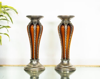 Vintage Amber Glass and Silver Plated Metal Candle Holders Pair of 2 Scrollwork Plant Stands