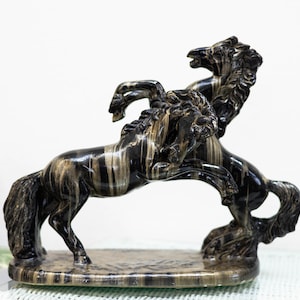 Vintage 70s Horse Sculpture / Two Black Stallions / Ceramic Marble Swirl Statue