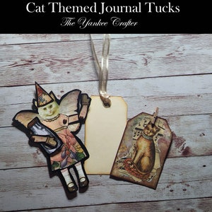 Cat Themed Journal Cards, Embellished Cards, Junk Journal Kit Supplies, Handmade Ephemera Tags, Cat Paper Doll
