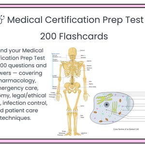 Peut inclure: Cartes mémoire pour la préparation à la certification médicale, avec 200 questions et réponses. L'image comprend un schéma du squelette humain et une coupe transversale d'une cellule animale. Couvre la pharmacologie, les soins d'urgence, l'anatomie et les techniques de soins.