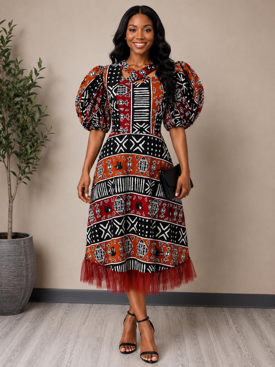 Ankara African Print Midi Dress, Geometric Patterns, Puff Sleeves - Etsy