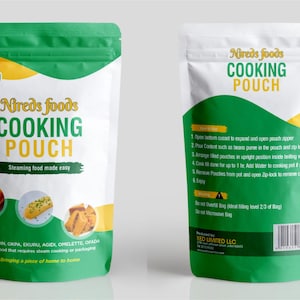 May include: A white and green cooking pouch with the text "Nireds foods COOKING POUCH" and "Steaming food made easy." The pouch features images of food and instructions on the back. It is BPA free.