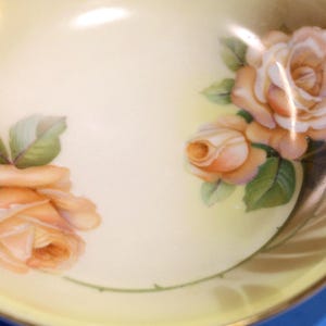 Bowls, Five inches round, Set of 5, Hand-painted, w/shades of yellow & brown, soft peach roses. Over 100 yrs old, see details below