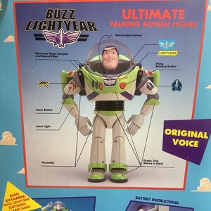 Op de afbeelding: Een doos van de Buzz Lightyear Ultimate Talking Action Figure. De doos toont een gedetailleerde afbeelding van de Buzz Lightyear actiefiguur, met labels die functies benadrukken zoals de intrekbare helm, de laserknop en de vleugelontgrendelingsknop. De doos bevat ook de tekst "Original Voice".