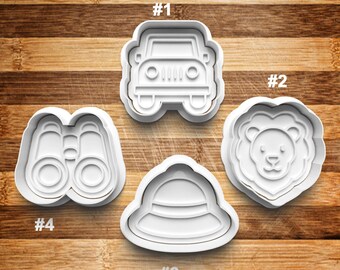 Safari Cookie Cutters | 3D Printed Cookie Cutter | Cookie Stamp | Clay Cutter Stamp | Lion | Binoculars | Vehicle | Safari Hat | Jungle