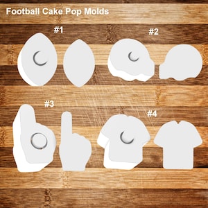 May include: White plastic football-themed cake pop molds. The image shows four different designs: a football, a helmet, a foam finger, and a jersey. The text "Football Cake Pop Molds" is at the top.
