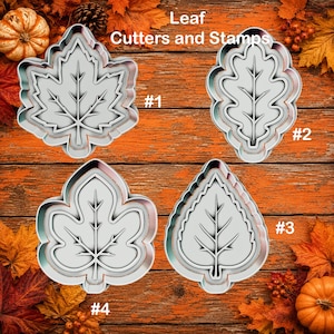 May include: Four silver-colored metal leaf cutters and stamps labeled #1, #2, #3, and #4. Each tool features a distinct leaf shape with an interior vein design. The text "Leaf Cutters and Stamps" is displayed at the top of the image.