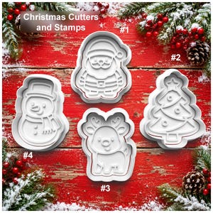 May include: A set of four white plastic Christmas cutters and stamps featuring a Santa Claus, a snowman, a reindeer, and a Christmas tree. The items are labeled with numbers one through four and the text Christmas Cutters and Stamps.