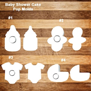 May include: White plastic baby shower cake pop molds in the shapes of a baby bottle, pacifier, onesie, and stroller. Each mold has a circular indentation. The text "Baby Shower Cake Pop Molds" is at the top.