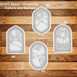 May include: Four white Boho-themed cookie cutters and stamps with desert and celestial designs. The cutters include sun, moon, and cactus motifs. The text "BOHO Scene Cooke/Clay Cutters and Stamps" is at the top.
