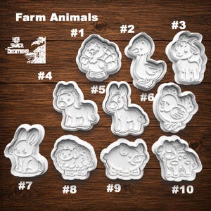 May include: A set of ten white plastic cookie cutters shaped like farm animals, including a turkey, duck, goat, horse, donkey, chicken, rabbit, sheep, pig, and cow. Each cutter is numbered from one to ten, with the text Farm Animals displayed.