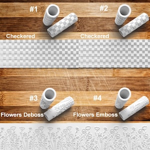 May include: Four white cylindrical tools with textured patterns. Two are checkered, and two feature a floral design, labeled "Flowers Deboss" and "Flowers Emboss." The image also shows a checkered and floral pattern.