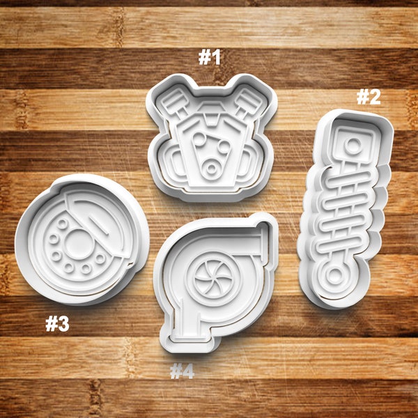 Car Spare Parts Cookie Cutter | Cookie Stamp | Cookie Embosser | Cookie Fondant | Clay Stamp | Brakes | Engine | Shocks | Car Parts |Hot Rod