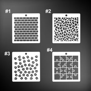 May include: Four white plastic stencils with different designs: brick pattern, cracked tile pattern, coffee bean pattern, and puzzle piece pattern. The stencils are numbered 1 through 4.