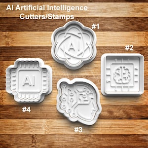 May include: White plastic cookie cutters and stamps with AI (Artificial Intelligence) themes. Designs include an atom, a brain, a circuit board head, and a computer chip. The text "AI Artificial Intelligence Cutters/Stamps" is at the top.
