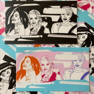 May include: Two black and white illustrations of women in a car, and two color illustrations of women in a car. The women are smiling and looking out the windows. The cars are facing forward. The illustrations are on a white background.