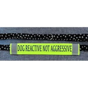 May include: A black and white dog collar with a paw print pattern and a neon green band that reads "DOG REACTIVE NOT AGGRESSIVE" in black text. The collar has a silver metal ring.