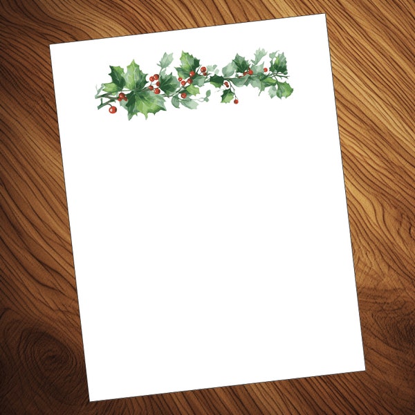 Printable Christmas Stationary, Holly And Berries, Instant Download, Holiday Letterhead, Printable Stationary Paper, Digital Download, PDF