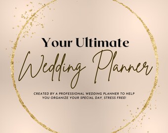 May include: A gold circle with glitter around it, with the text "Your Ultimate Wedding Planner" in black text. Below the circle, it says "CREATED BY A PROFESSIONAL WEDDING PLANNER TO HELP YOU ORGANIZE YOUR SPECIAL DAY, STRESS FREE!" and "WEDDINGSBYTRANG.COM".