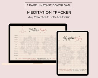 Könnte beinhalten: Ein druckbarer und ausfüllbarer PDF-Meditations-Tracker mit einem Mandala-Design. Der Tracker enthält einen Kalender mit einem Kreis für jeden Tag des Jahres. Der Text "Meditation Tracker" ist oben auf der Seite in Kursivschrift geschrieben. Das Zitat "We can't control everything that happens, but we can choose our experience of those things" steht unten auf der Seite.