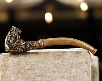 Traditional Dragon Design Tobacco Pipe - Antique Brass Cigarette Holder