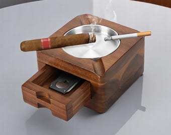Wooden Cigar Ashtray with Drawer | 4-Slot Design