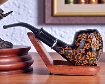 Engraved Flower Resin Wood Smoking Pipe | Handmade Classic Bent Tobacco Pipe, Cigar Tube Gift