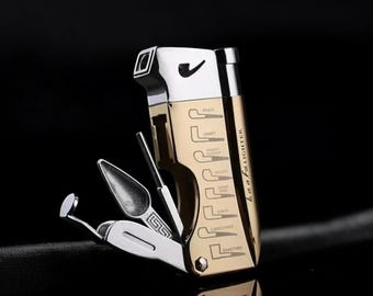 Retro Pipe Lighter with Tools | Refillable Butane Torch, Smoke Knife, Scraper & Multifunction Pipe Accessory