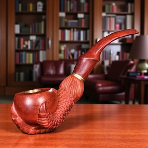 May include: A carved wooden tobacco pipe with a reddish-brown finish. The pipe features a detailed design, including a bowl, stem, and a decorative element near the mouthpiece. A brass ring accents the connection point. The pipe is displayed on a wooden surface.