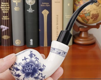 Blue & White Porcelain Tobacco Pipe | Chinese Style Ceramic Pipe with 9mm Filter Element