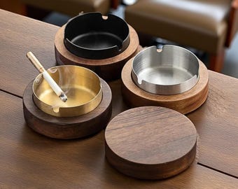 Walnut Wood Ashtray with Lid | Stainless Steel Windproof Ashtray, Desktop Smoking Accessory & Home Decor