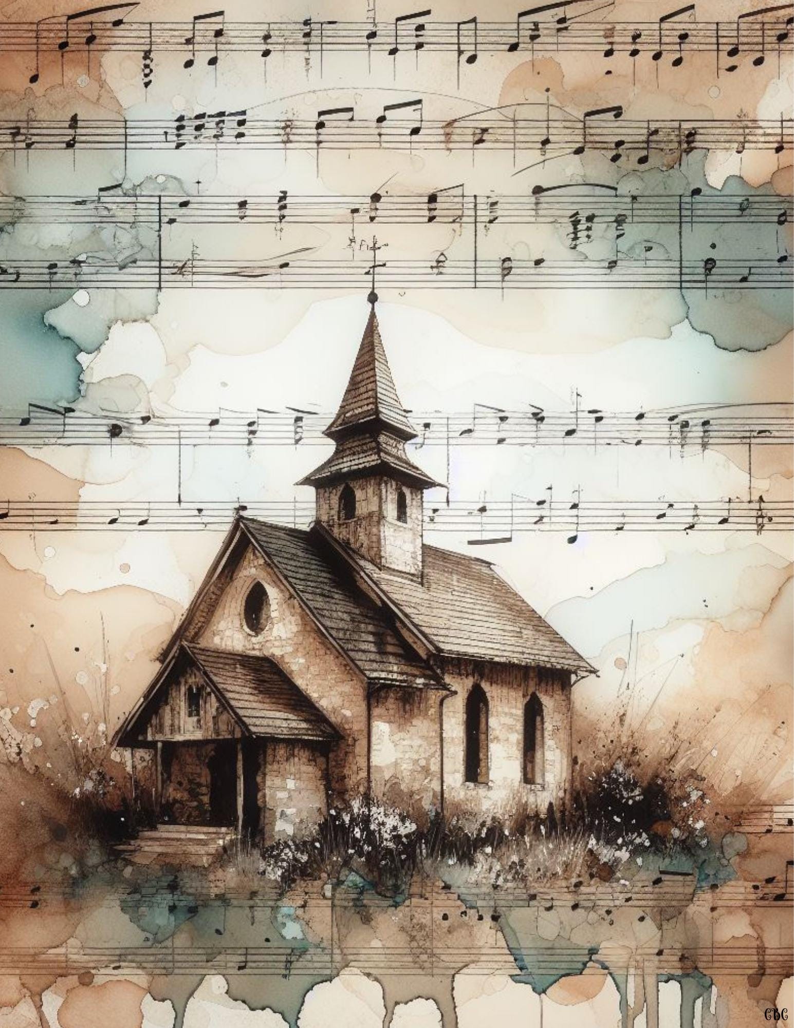Rustic Christian Background Rustic Church Chapel Art – Vintage Sheet Music Background, Farmhouse ...