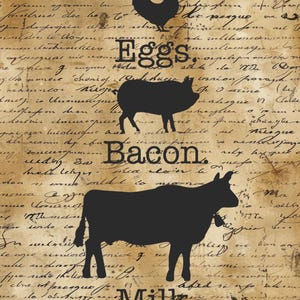 May include: A rustic-style print featuring silhouettes of a chicken, pig, and cow, with the words "Eggs," "Bacon," and "Milk." The background is a vintage parchment with handwritten script, and black horizontal lines.