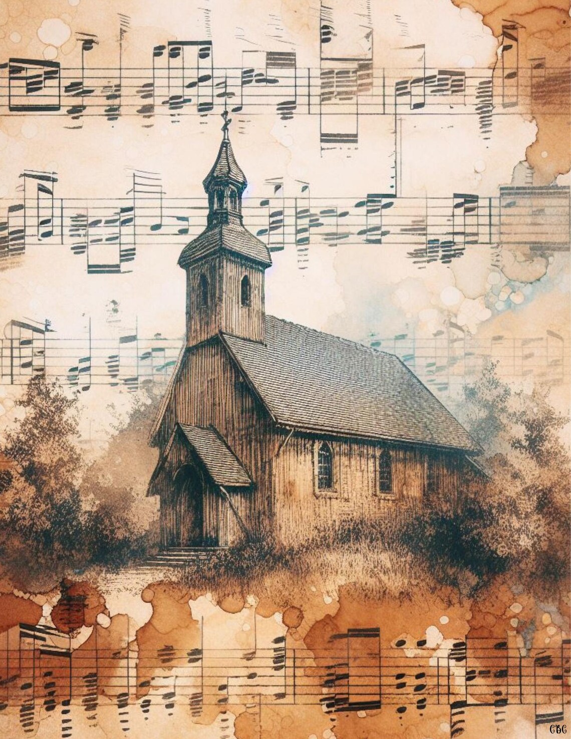 Rustic Christian Background Rustic Church Chapel Art – Vintage Sheet Music Background, Farmhouse ...