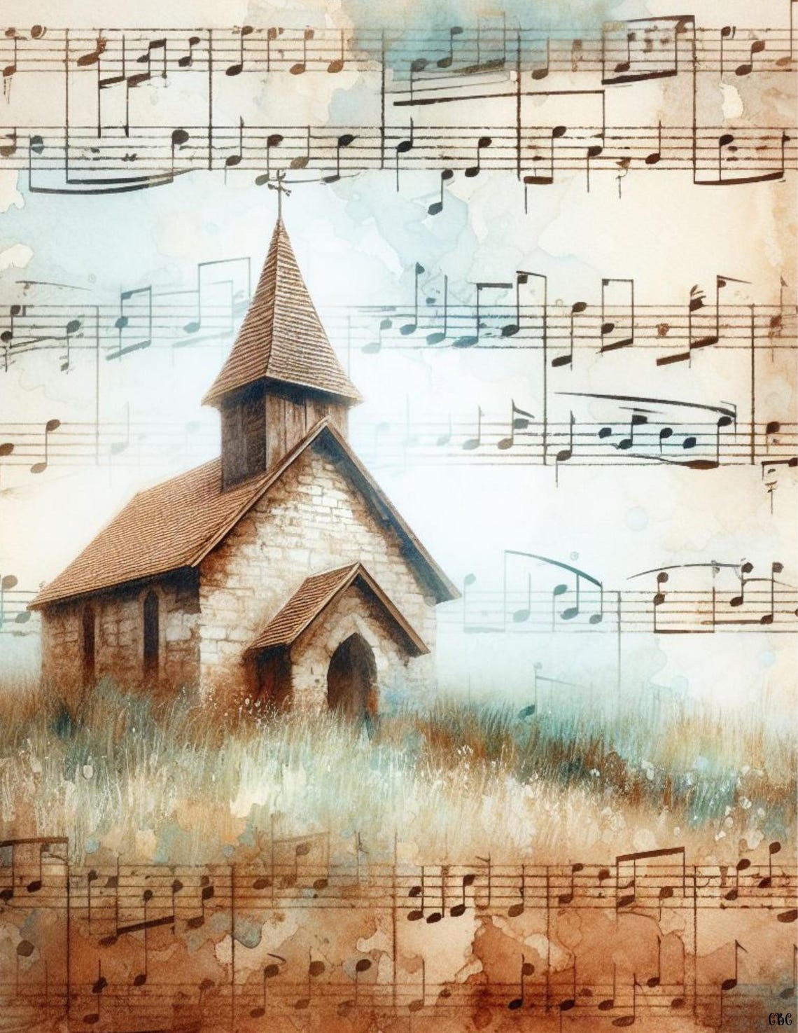 Rustic Christian Background Rustic Church Chapel Art – Vintage Sheet Music Background, Farmhouse ...