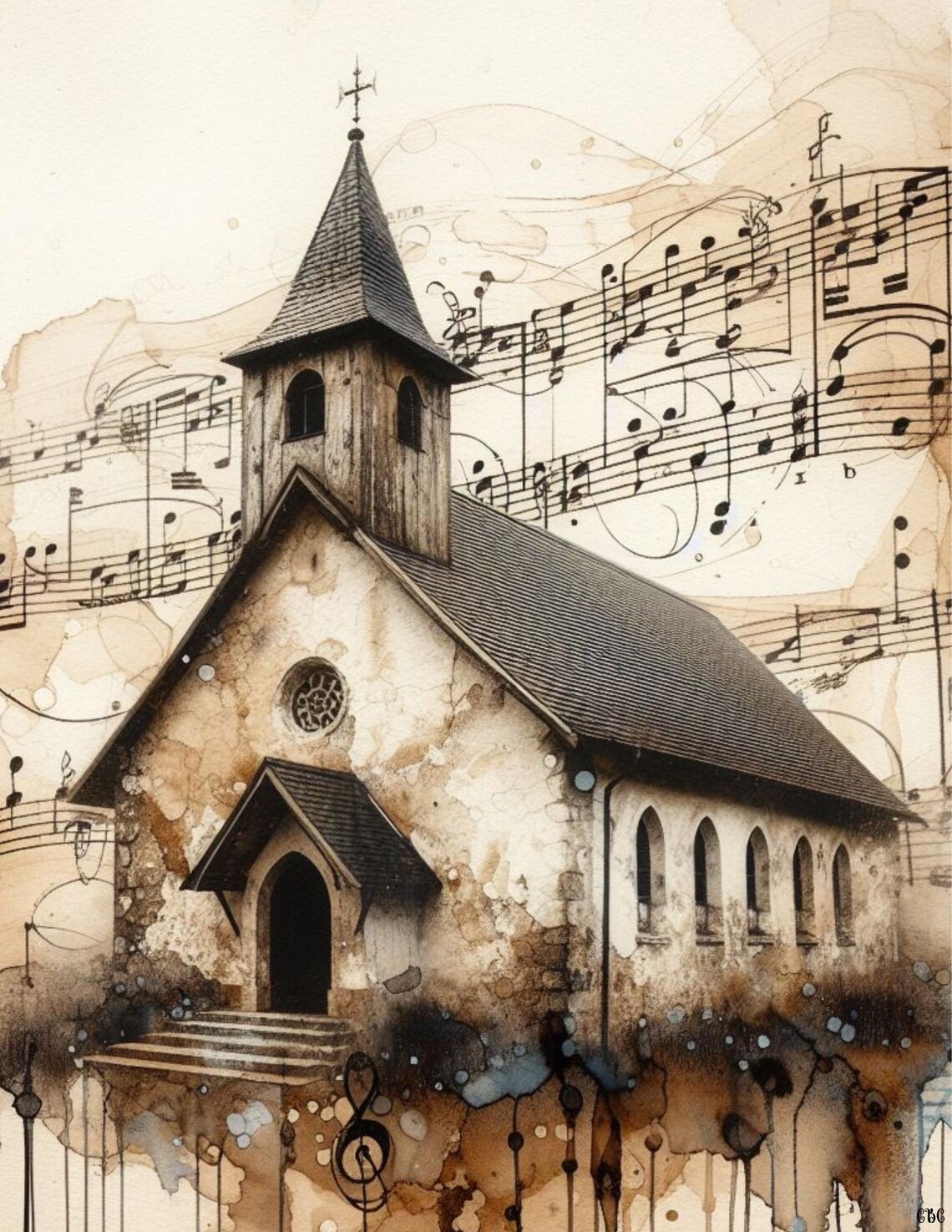 Rustic Christian Background Rustic Church Chapel Art – Vintage Sheet Music Background, Farmhouse ...