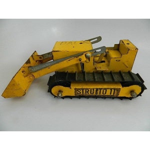 Vintage 1960&#39;s Structo 11 &quot;Bulldozer, geel zwart geschilderd geperst staal
