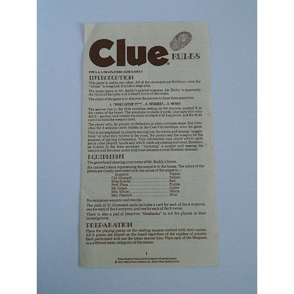 1972 Clue Game Replacement – Clue Rules