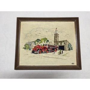 Vintage 1972 Handmade Embroidered Fire Station Scene With Wood Frame