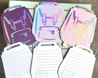 Mini Backpack—Die-cut School or Hiking Note Card & Bookmark—Hiking Backpack, Backpacking Greeting Card, Card for Grad Student, Gold Backpack