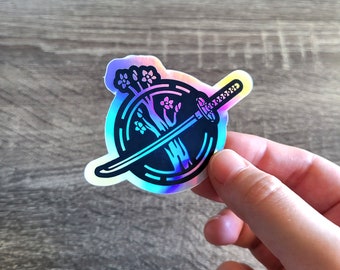 Holographic Katana Sticker—Die-cut Foil Sticker—Fantasy Samurai Sticker, Waterproof Holo, Cherry Blossoms, Colorful Decoration Sticker
