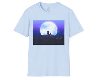 Maglietta morbida Full Moon Fox, design colorato per maglietta, arte del prato di volpe, scena della natura, dipinto dall'artista, stelle del cielo notturno