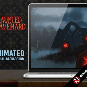 May include: A laptop screen displaying an animated virtual background of a haunted graveyard with a crumbling stone building, trees, and glowing red stars on tombstones. The text "HAUNTED GRAVEYARD ANIMATED VIRTUAL BACKGROUND" is displayed on the laptop screen. The text "HUMAN-MADE" is displayed on the bottom right corner of the image.