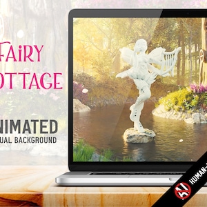 May include: A digital illustration of a fairy cottage virtual background. The image shows a white fairy statue playing a harp in a forest setting with a pond and flowers. The text "Fairy Cottage Animated Virtual Background" is displayed on the left side of the image.