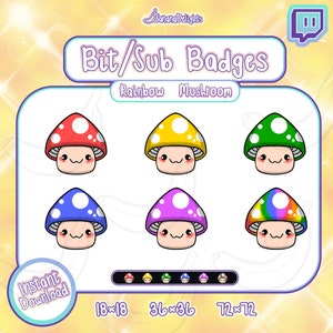 Mushroom Sub / Bit Badges para Twitch, Discord y Youtube / Kawaii Twitch Badges / Rainbow / Cottage Core / Streamer