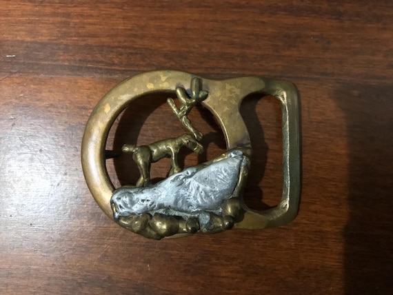 Vintage Masterworks Brass Belt Buckle: Deer Elk Antler Inlay