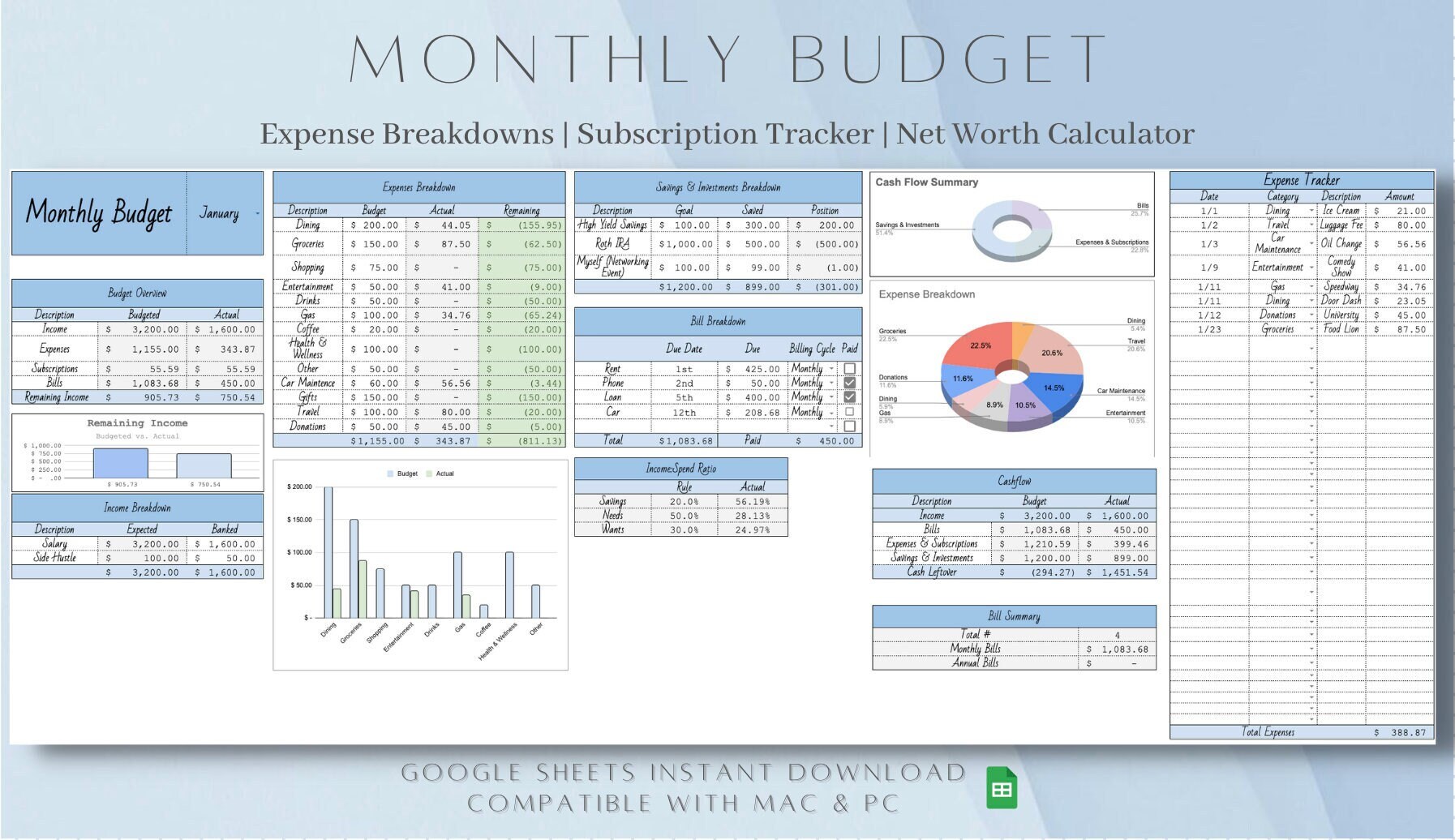 Ultimate Budget Planner for Google Sheets, Track Paychecks, Monthly ...