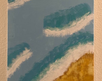 May include: Abstract painting of a seascape with blue and green waves crashing on a golden beach. The sky is a light blue with white clouds.