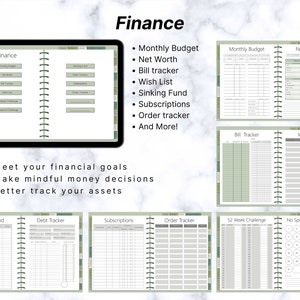 Puede incluir: Un planificador imprimible con un esquema de color verde y blanco. El planificador est&aacute; dise&ntilde;ado para ayudar a las personas a administrar sus finanzas. Incluye secciones para presupuesto mensual, patrimonio neto, seguimiento de facturas, lista de deseos, fondo de reserva, suscripciones, seguimiento de pedidos, desaf&iacute;o de 52 semanas y desaf&iacute;o de no gastar. El planificador tambi&eacute;n incluye una secci&oacute;n para el seguimiento de deudas.