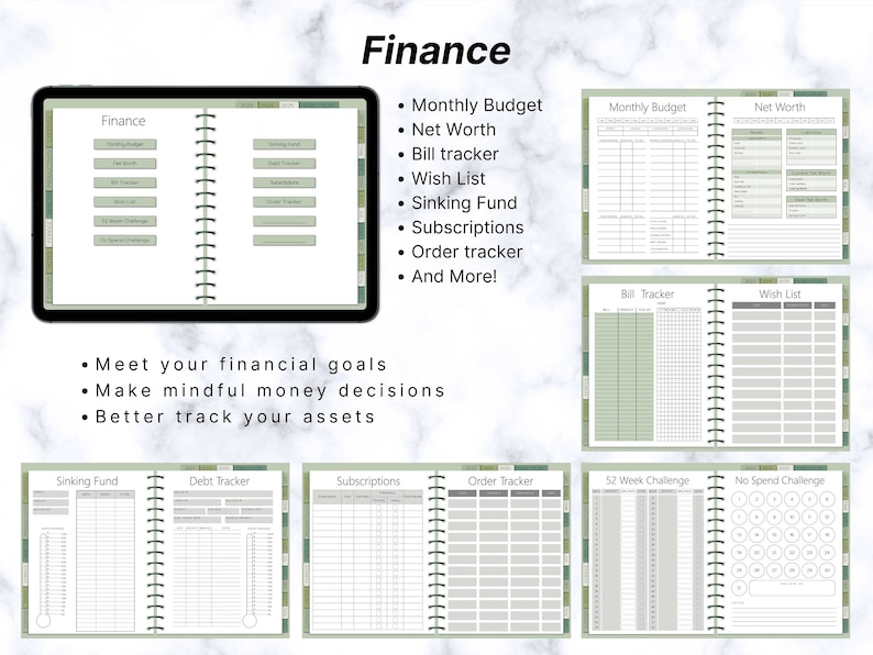 Puede incluir: Un planificador imprimible con un esquema de color verde y blanco. El planificador est&aacute; dise&ntilde;ado para ayudar a las personas a administrar sus finanzas. Incluye secciones para presupuesto mensual, patrimonio neto, seguimiento de facturas, lista de deseos, fondo de reserva, suscripciones, seguimiento de pedidos, desaf&iacute;o de 52 semanas y desaf&iacute;o de no gastar. El planificador tambi&eacute;n incluye una secci&oacute;n para el seguimiento de deudas.